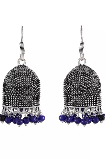 Silver plated oxidised blue beads dangle earrings