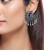 Big peacock feather stud earrings with ghungroo drop
