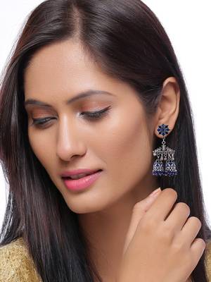 Oxidised silver plated jhumki with red beads 1