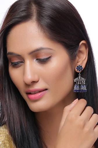Oxidised silver plated jhumki with red beads