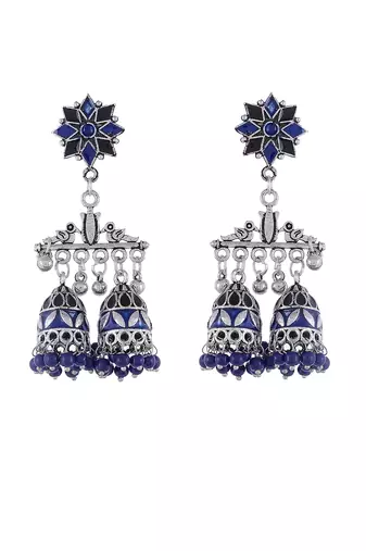 Oxidised silver plated jhumki with red beads