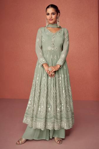 Olive thready embroidery with mirror work anarkali with dupatta