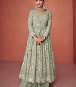 Olive thready embroidery with mirror work anarkali with dupatta