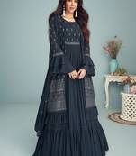 Grey embroidered georgette jacket style anarkali with dupatta