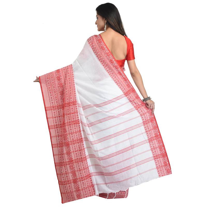 Puja Special White-red Handloom Cotton Begumpuri saree with attach running blouse piece 