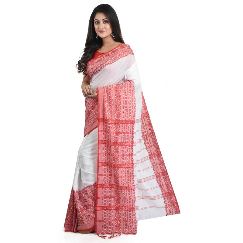 Puja Special White-red Handloom Cotton Begumpuri saree with attach running blouse piece 