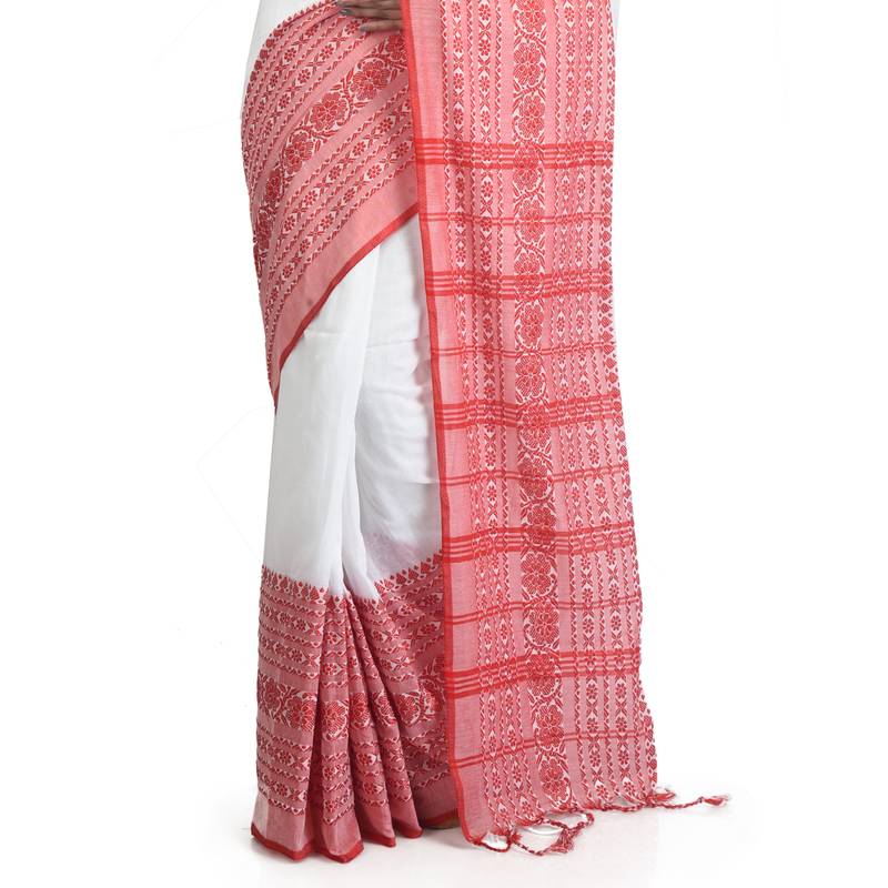 Puja Special White-red Handloom Cotton Begumpuri saree with attach running blouse piece 
