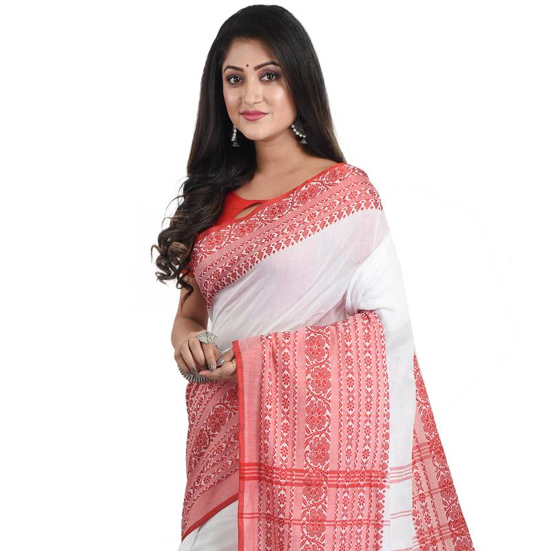 Puja Special White-red Handloom Cotton Begumpuri saree with attach running blouse piece 