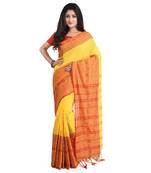 Puja Special Yellow-red Handloom Cotton Begumpuri saree with attach running blouse piece 