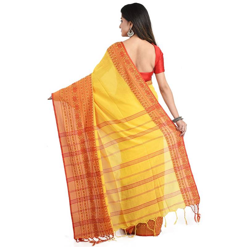 Puja Special Yellow-red Handloom Cotton Begumpuri saree with attach running blouse piece 