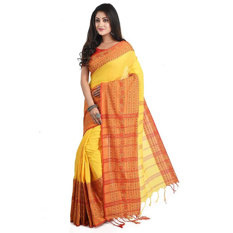 Puja Special Yellow-red Handloom Cotton Begumpuri saree with attach running blouse piece 