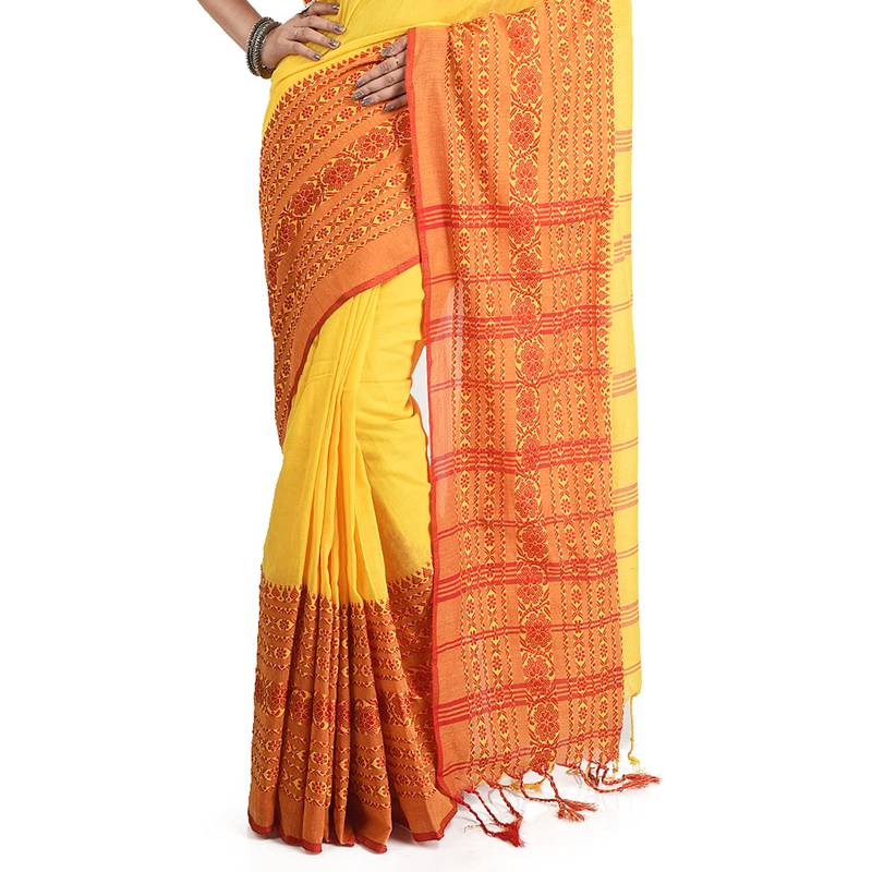 Puja Special Yellow-red Handloom Cotton Begumpuri saree with attach running blouse piece 