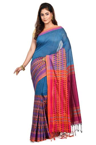 Puja Special Aqua-blue Handloom Cotton Begumpuri saree with attach running blouse piece 