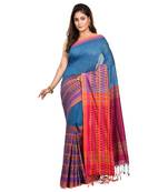 Puja Special Aqua-blue Handloom Cotton Begumpuri saree with attach running blouse piece 