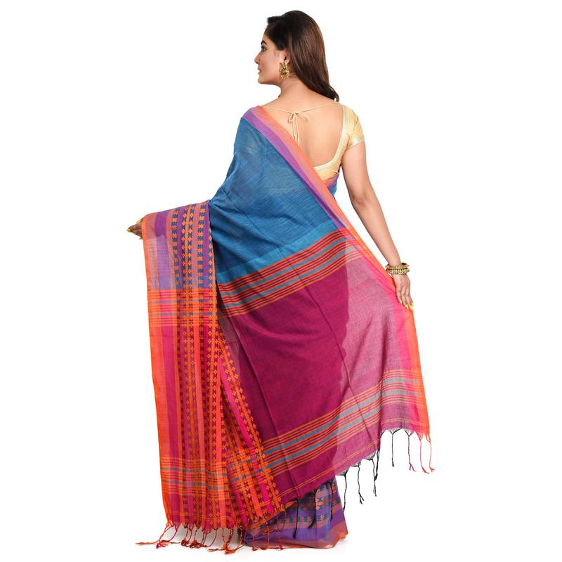 Puja Special Aqua-blue Handloom Cotton Begumpuri saree with attach running blouse piece 