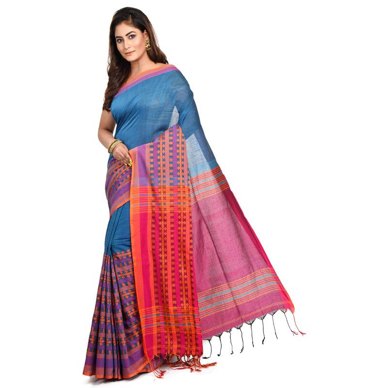 Puja Special Aqua-blue Handloom Cotton Begumpuri saree with attach running blouse piece 