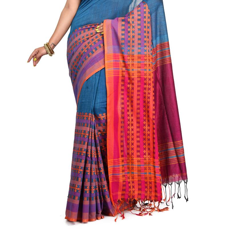 Puja Special Aqua-blue Handloom Cotton Begumpuri saree with attach running blouse piece 