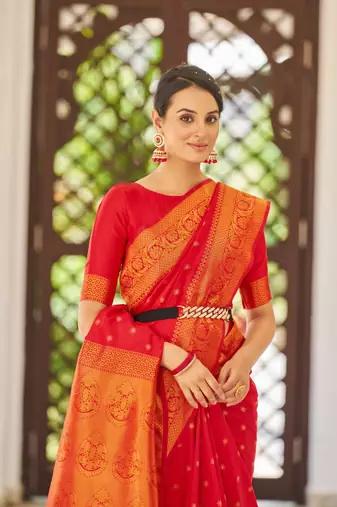 Red Kalandi silk Women'S silk Blend Woven Designer Saree With For Blouse
