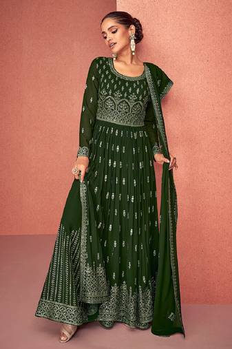 Mehendi embroidered pure georgette anarkali with dupatta