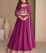 Pink embroidered georgette anarkali gown with dupatta