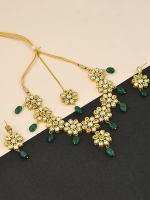 Gold-plate white & green kundan-studded & pearl beaded jadau jewellery set 1