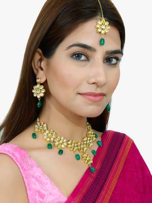 Gold-plate white & green kundan-studded & pearl beaded jadau jewellery set 2
