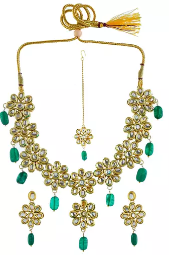 Gold-plate white & green kundan-studded & pearl beaded jadau jewellery set