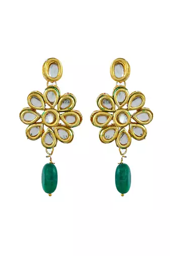 Gold-plate white & green kundan-studded & pearl beaded jadau jewellery set