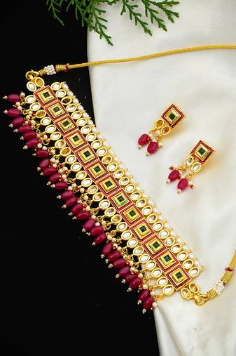 Traditional gold-plated red kundan jewellery set for women