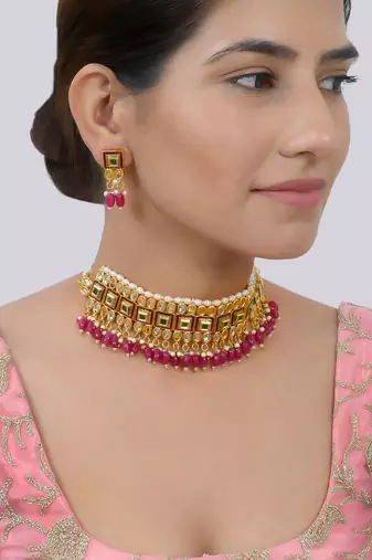 Traditional gold-plated red kundan jewellery set for women