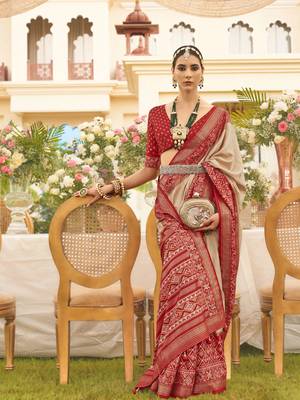 Elora ethnic wear printed patola silk saree (beige) 1