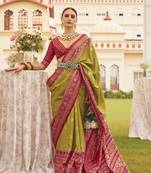 Elora Ethnic Wear Printed Patola Silk Blend Saree (Lemon Green)