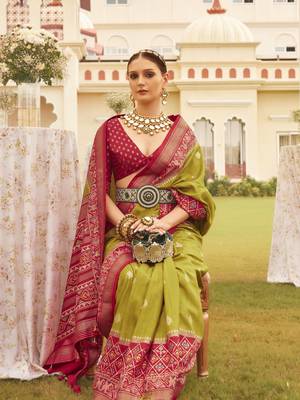 Elora Ethnic Wear Printed Patola Silk Blend Saree (Lemon Green) 2