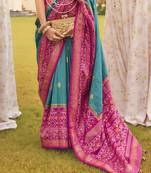 Elora Ethnic Wear Printed Patola Silk Blend Saree (Turquoise)
