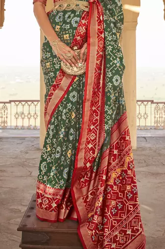 Elora Gold Printed Patola Silk Blend Saree For Women (Pine Green)