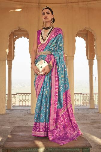 Elora  Gold Printed Patola Silk Blend Saree For Women (Cyan Blue)