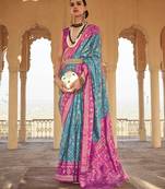 Elora  Gold Printed Patola Silk Blend Saree For Women (Cyan Blue)