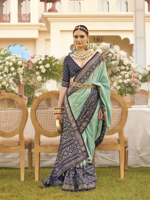 Elora Ethnic Wear Printed Patola Silk Blend Saree (Sea Green) 1
