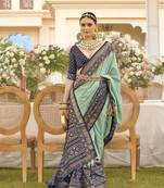 Elora Ethnic Wear Printed Patola Silk Blend Saree (Sea Green)