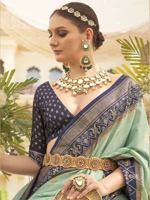 Elora Ethnic Wear Printed Patola Silk Blend Saree (Sea Green) 2