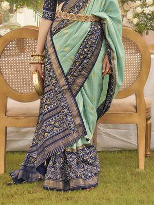 Elora Ethnic Wear Printed Patola Silk Blend Saree (Sea Green) 4