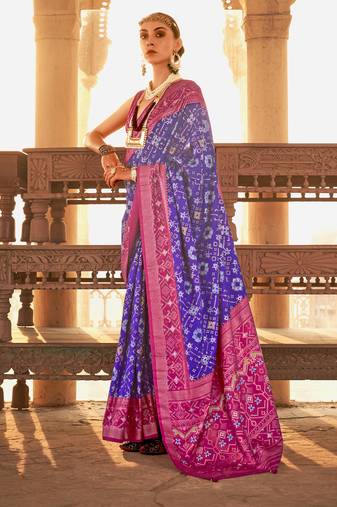Elora  gold printed patola silk saree for women (purple)