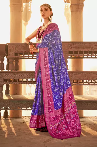 Elora  gold printed patola silk saree for women (purple)