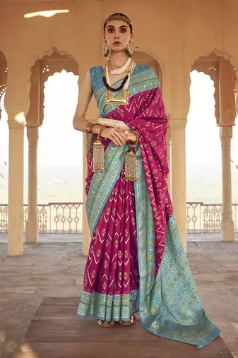 Elora  gold printed patola silk saree for women (pink)