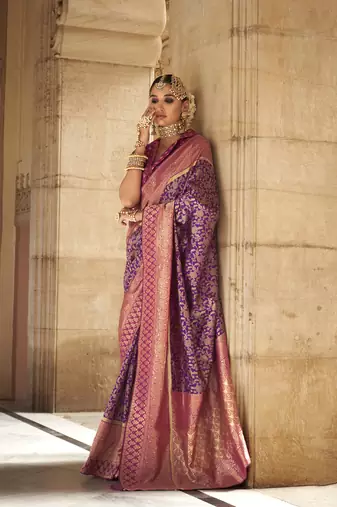 Elora floral printed soft silk banarasi saree for women (purple)