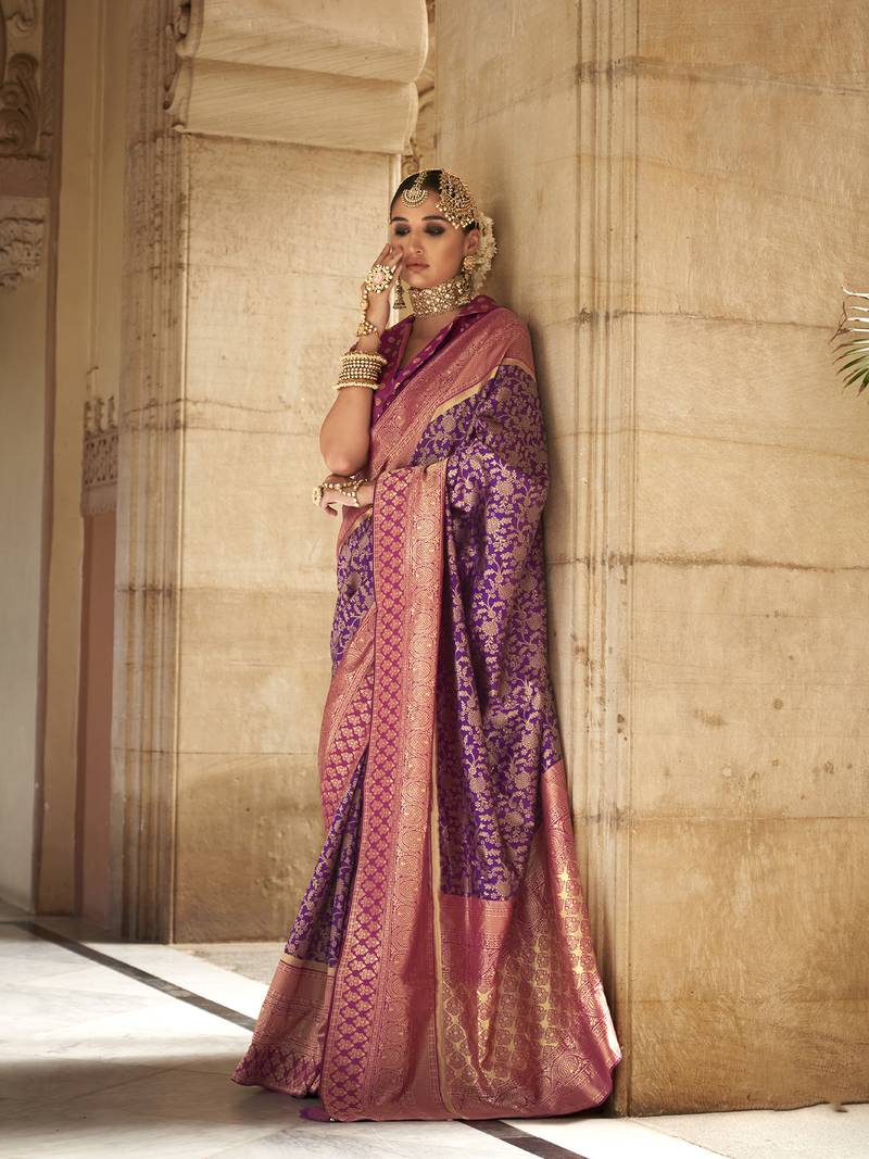 Elora floral printed soft silk banarasi saree for women (purple)