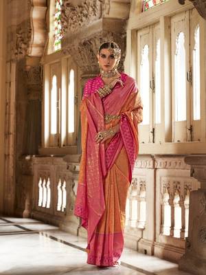 Elora floral printed soft silk banarasi saree for women (orange) 1