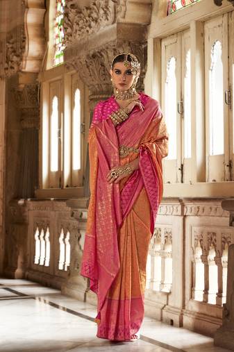Elora floral printed soft silk banarasi saree for women (orange)