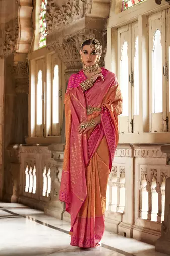 Elora floral printed soft silk banarasi saree for women (orange)