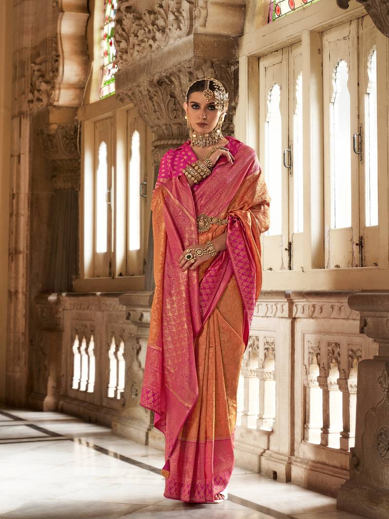 Elora floral printed soft silk banarasi saree for women (orange)